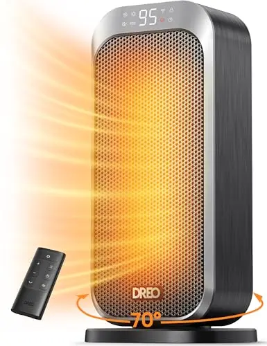 Dreo quiet tower space heater in silver with oscillation feature