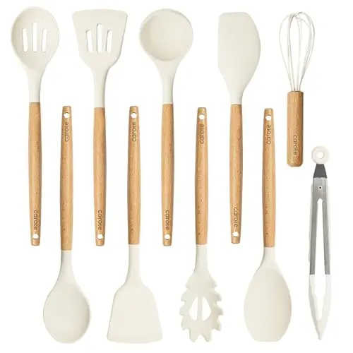 CAROTE cream white silicone cooking utensils set with wooden handles