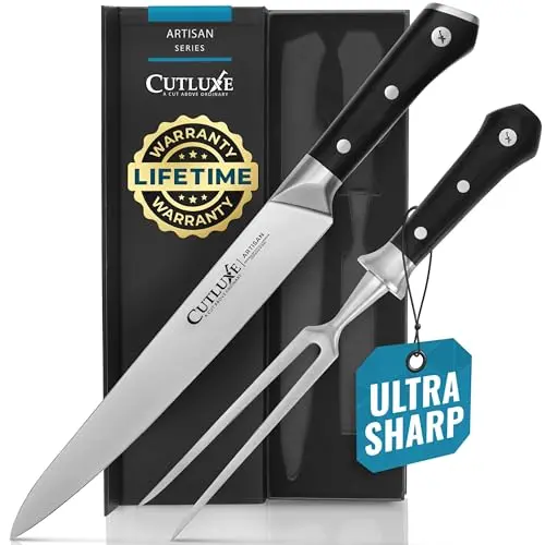 Cutluxe 9-inch carving knife and fork set in silver