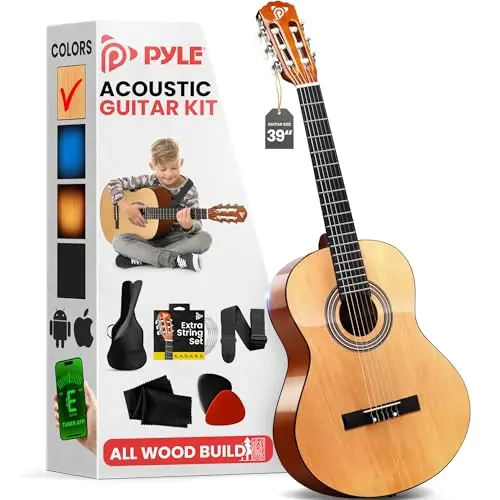 Pyle 39-inch natural gloss acoustic guitar with beginner kit