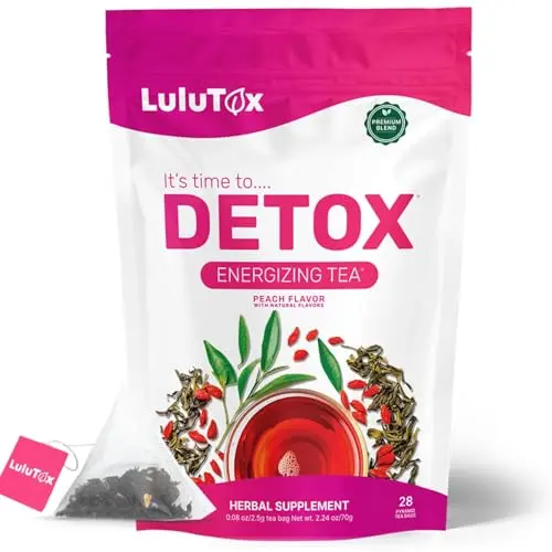 LULUTOX Detox Tea package with peach flavor