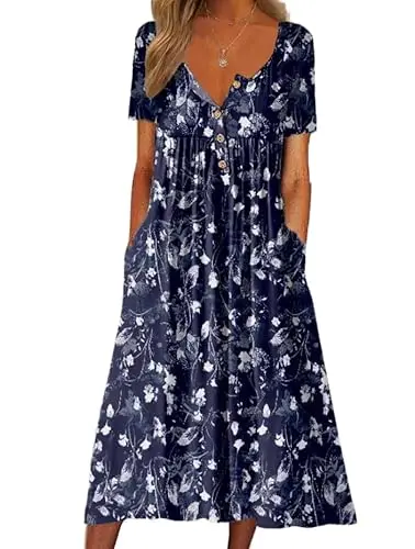 Boho floral maxi t-shirt dress with button-up front and pockets