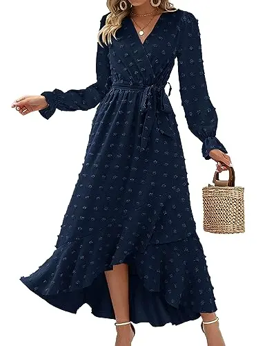 BTFBM women's long sleeve V-neck Swiss dot boho maxi dress with self-tie belt