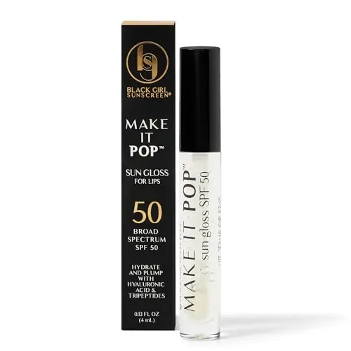 BlackGirlSunscreen SPF 50 lip gloss on dark lips with high shine