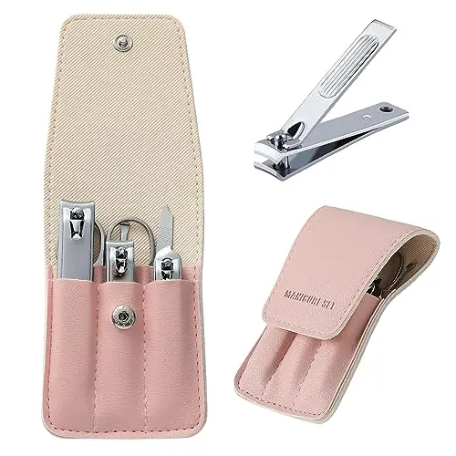 ATIMIER pink leather case containing six-piece nail clipper grooming set