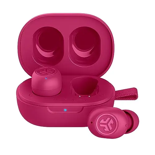 JLab JBuds Mini wireless earbuds in hot pink charging case