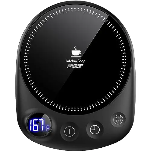 Black coffee mug warmer with digital display and multiple temperature settings