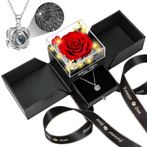 Preserved rose with I LOVE YOU necklace in gift box