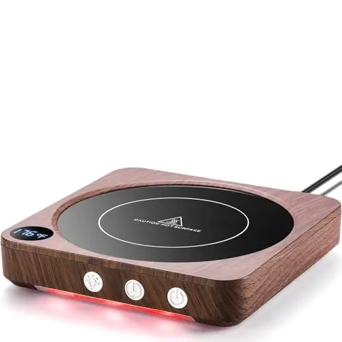 Wooden finish mug warmer with temperature display and auto shut-off timer