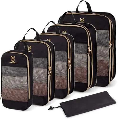 BUNNYCHILL expandable compression packing cubes in black with laundry bag
