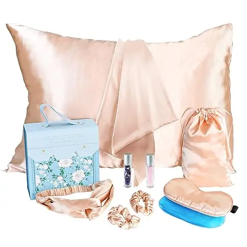 OPELETNNT satin gift set with pillowcase, eye mask, and hair accessories