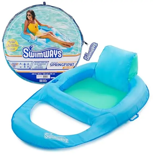 SwimWays Spring Float Premium Recliner pool float in blue with adjustable backrest