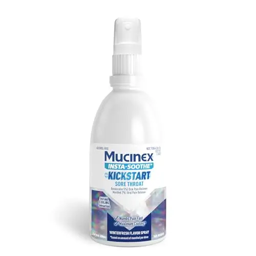 Mucinex Instasoothe sore throat spray bottle with winterfresh flavor