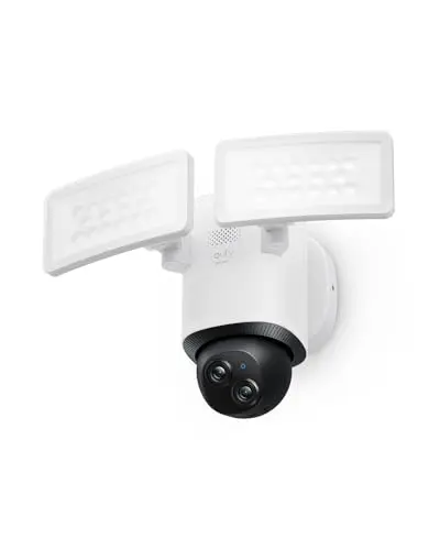 eufy Security Floodlight Camera E340 showing dual cameras and bright floodlights