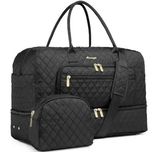 Large black women's travel duffle bag with multiple pockets