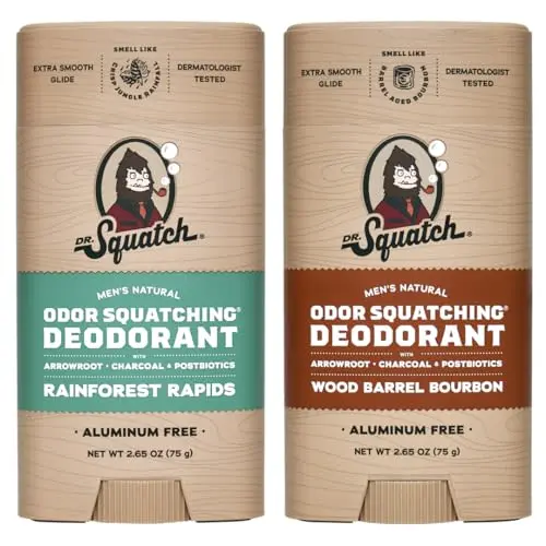 Dr. Squatch Natural Deodorant stick in Rainforest Rapids & Wood Barrel Bourbon scents