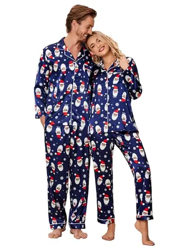 Ekouaer silky soft matching Christmas pajamas for couples with button-up top