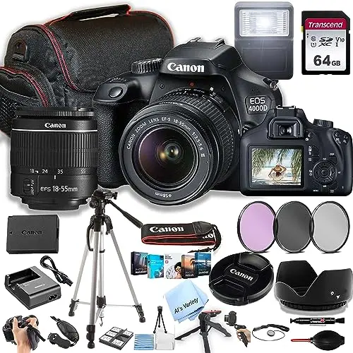 Canon EOS 4000D DSLR camera with lens and accessories