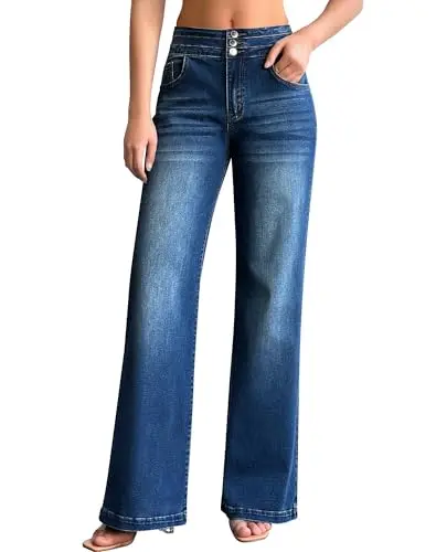 Roswear Women's Wide Leg Jeans in blue denim wash