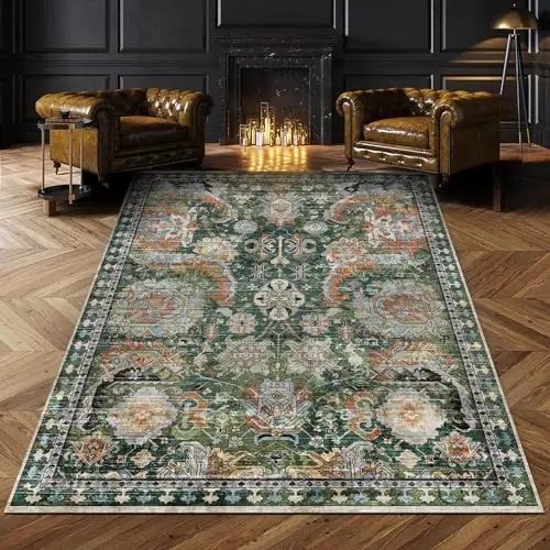 RUGSURE green vintage tribal washable area rug