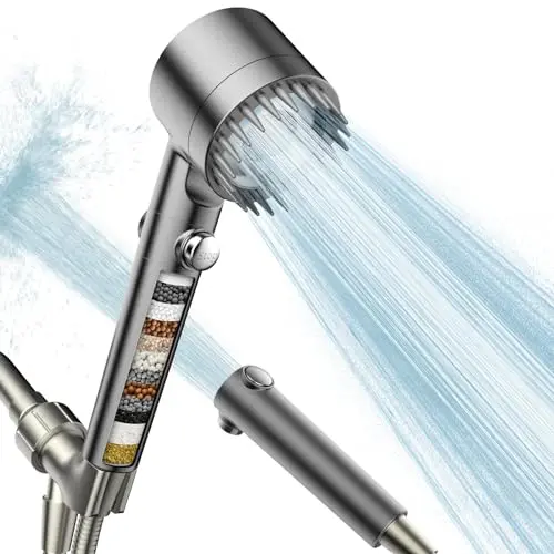 PWERAN filtered handheld shower head with gray finish and multiple spray settings