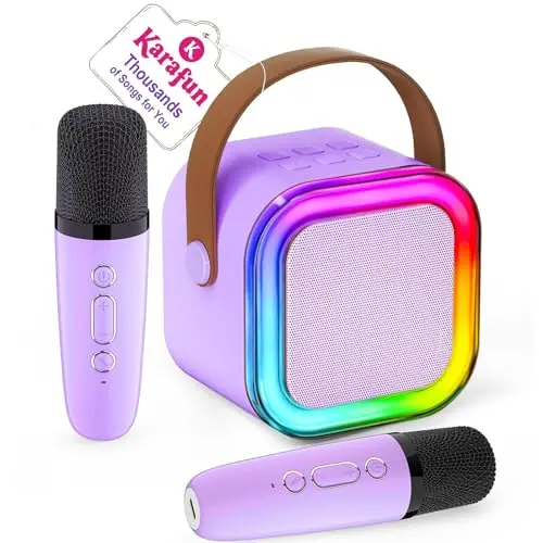 IROO mini karaoke machine for kids with wireless microphones and disco lights