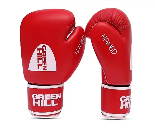 Green Hill boxing gloves in red with ergonomic design and hook-and-loop closure