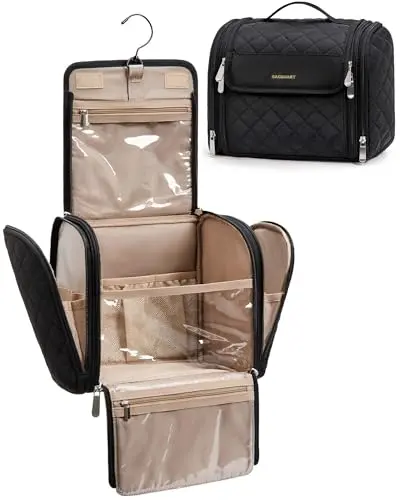 BAGSMART makeup bag with hanging hook in black for full-sized cosmetics and toiletries