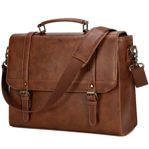 IGOLUMON brown retro leather satchel with multiple pockets and buckle