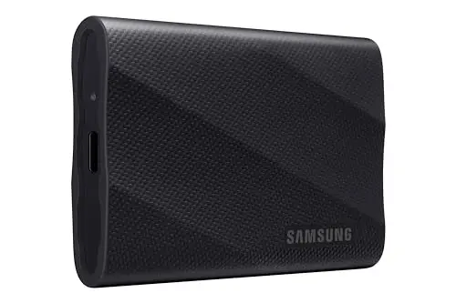 Samsung T9 Portable SSD showing compact black design with rubberized coating