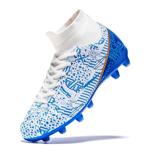 oTzTTzTo kids soccer cleats in white and blue colors with lace closure