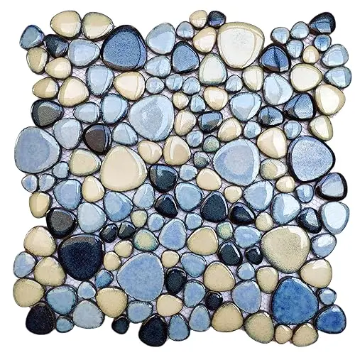 Elephantile blue and beige porcelain pebble mosaic tiles for shower walls
