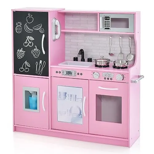 HONEY JOY pink wooden play kitchen with chalkboard and accessories