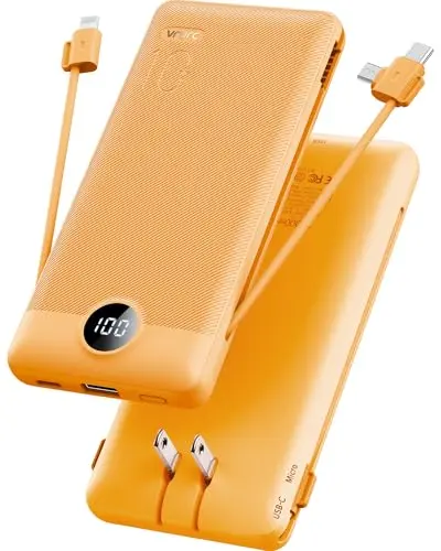 VRURC orange portable charger with built-in cables and wall plug