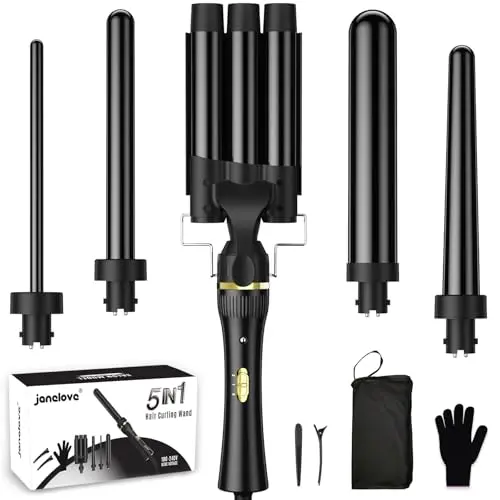 janelove 5-in-1 curling wand set with multiple barrels for beach waves