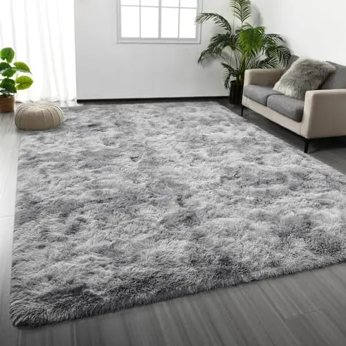 Deerhoo tie-dyed light grey shag area rug