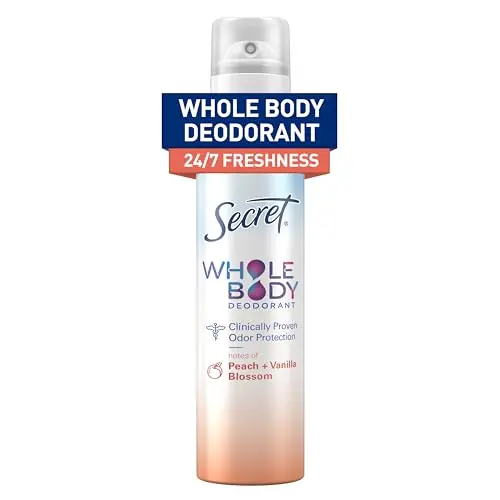 Secret whole body deodorant spray with peach and vanilla scent