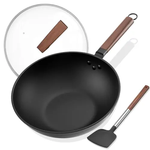 Todlabe carbon steel wok with stand-free glass lid on electric stove
