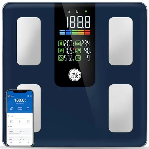 GE digital scale with large platform and blue finish