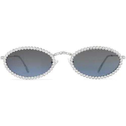 SOJOS skinny oval sunglasses with rhinestone decorations and retro design