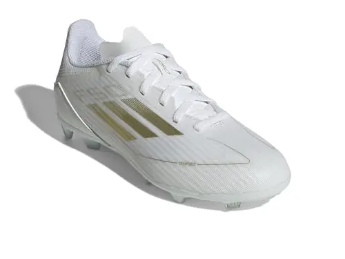 Adidas F50 League soccer cleats in white and gold metallic colors