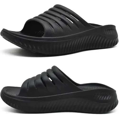KuaiLu women's recovery sandals in black with thick cushion