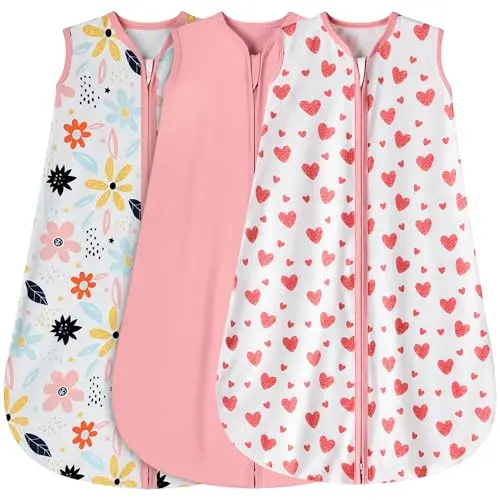 BSTOPPT 3 pack baby sleep sacks in heart, pink, and floral patterns