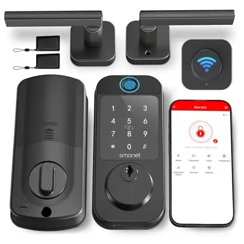SMONET WiFi fingerprint smart lock with handle set in black