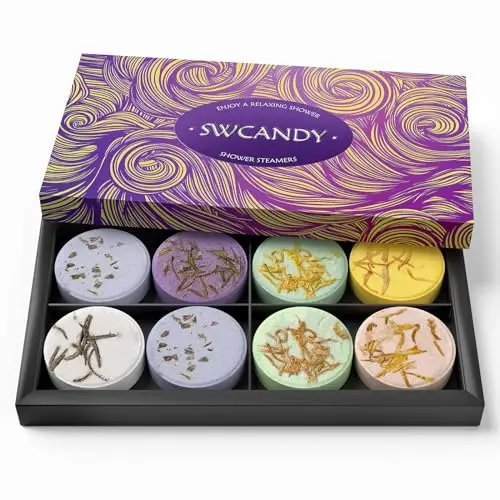 SWCANDY shower steamers aromatherapy set with eight different scents in colorful packaging