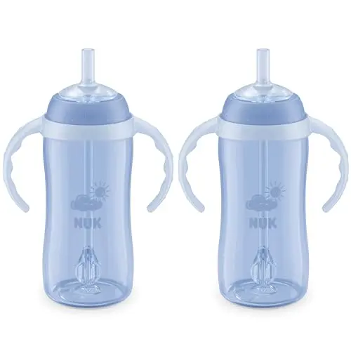 NUK learner straw cup with weighted silicone straw and easy-grip handles in blue color
