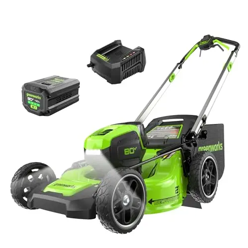 Greenworks 80V self-propelled lawn mower on a grassy slope