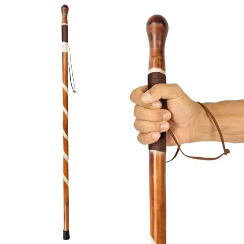 Vive carved willow wood walking stick with leather strap