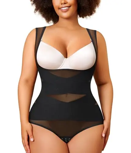 Nebility plus size shapewear bodysuit with criss-cross tummy control design