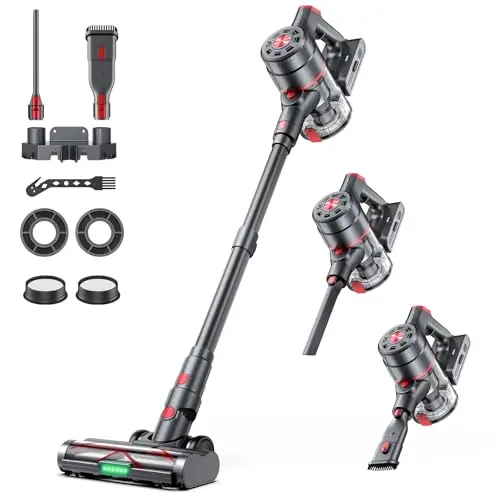 Airpher cordless stick vacuum with LED display standing on hardwood floor